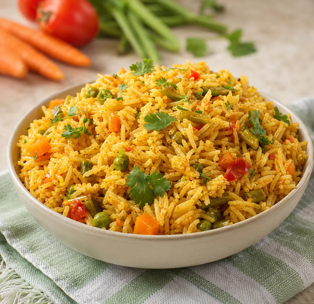 Vegetable pulav with basmati rice, mixed vegetables and whole spices in downtown Hamilton, ON